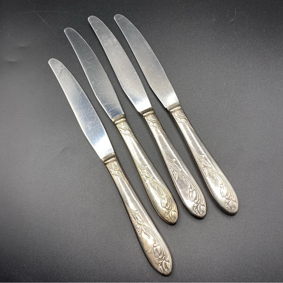 Vintage NS Co National Silver Co Silverplated 4 Dinner Knives Garden of Roses - Picture 7 of 7